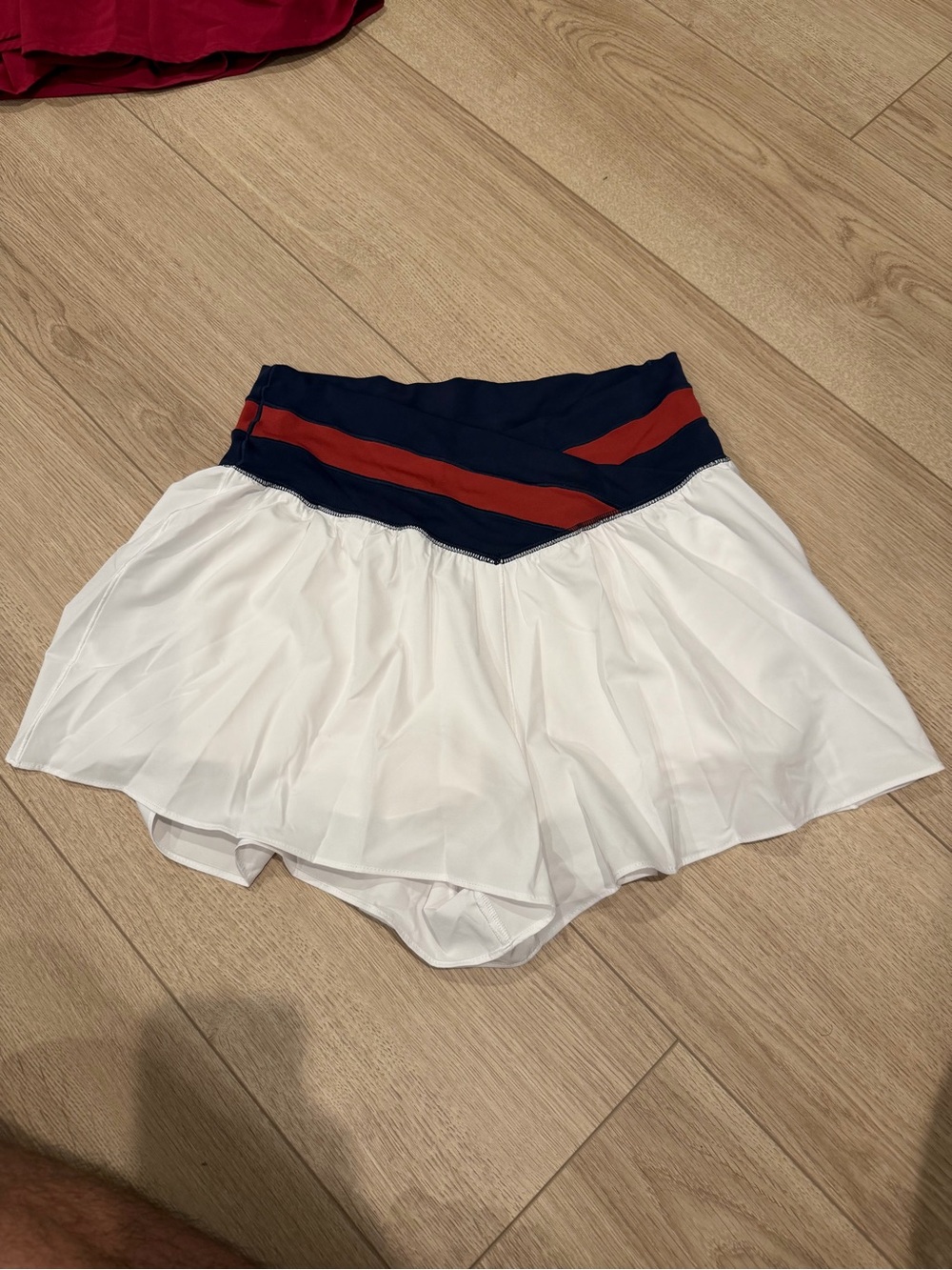 White Pleated Skirt with Navy & Red Waistband